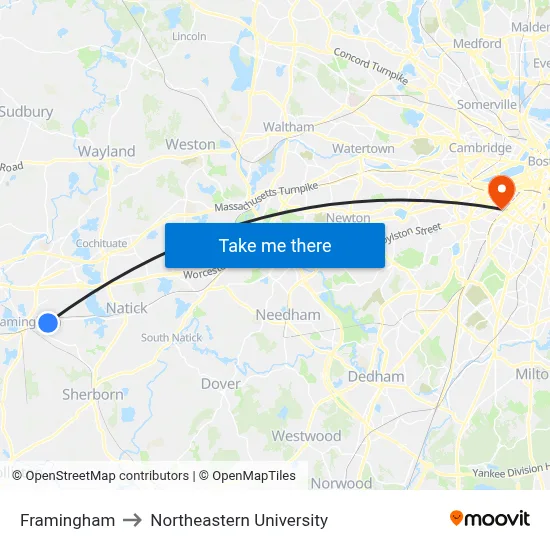 Framingham to Northeastern University map