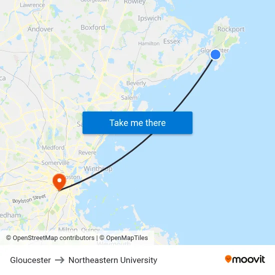 Gloucester to Northeastern University map