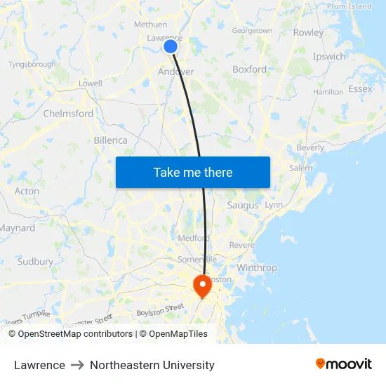 Lawrence to Northeastern University map