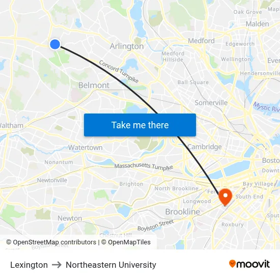 Lexington to Northeastern University map