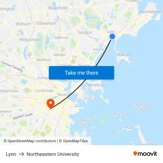 Lynn to Northeastern University map