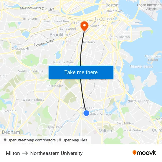 Milton to Northeastern University map