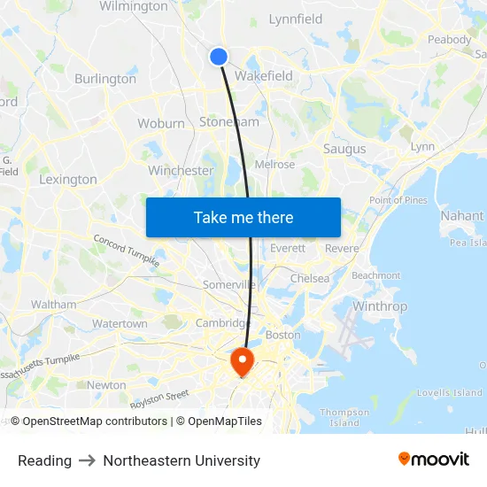 Reading to Northeastern University map