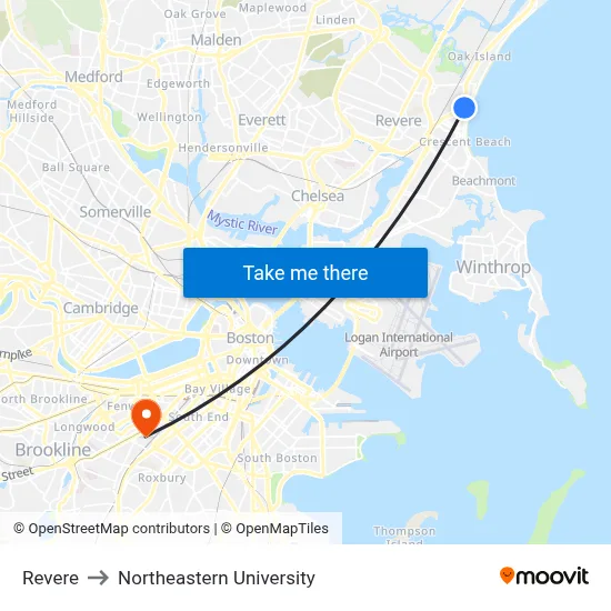 Revere to Northeastern University map