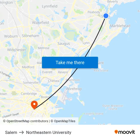 Salem to Northeastern University map