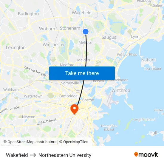 Wakefield to Northeastern University map