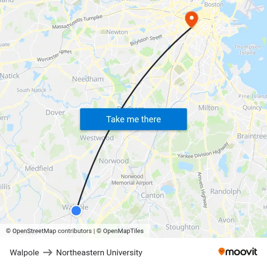 Walpole to Northeastern University map