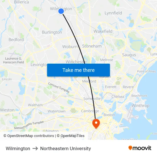 Wilmington to Northeastern University map