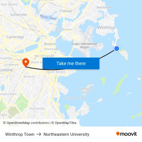 Winthrop Town to Northeastern University map