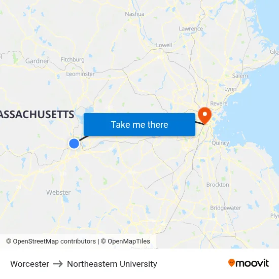 Worcester to Northeastern University map