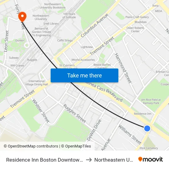 Residence Inn Boston Downtown/South End to Northeastern University map