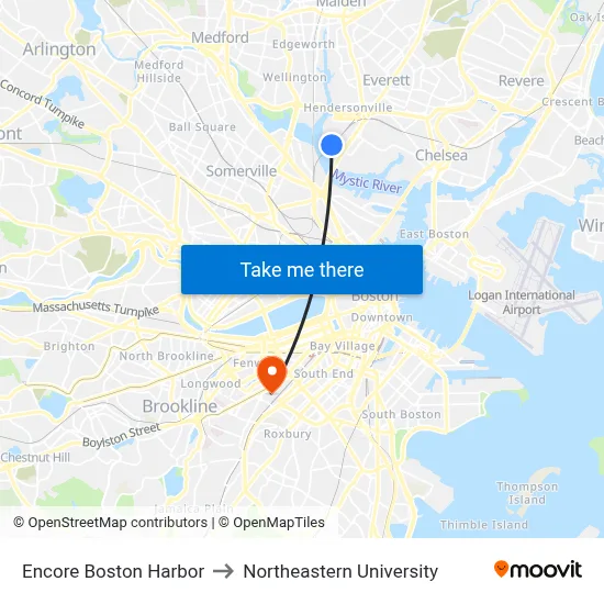 Encore Boston Harbor to Northeastern University map