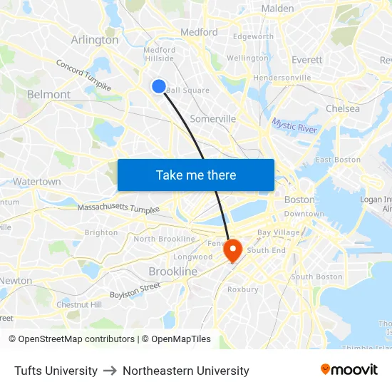 Tufts University to Northeastern University map