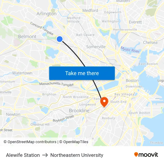Alewife Station to Northeastern University map