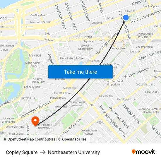 Copley Square to Northeastern University map