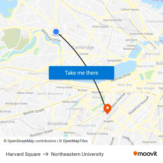 Harvard Square to Northeastern University map