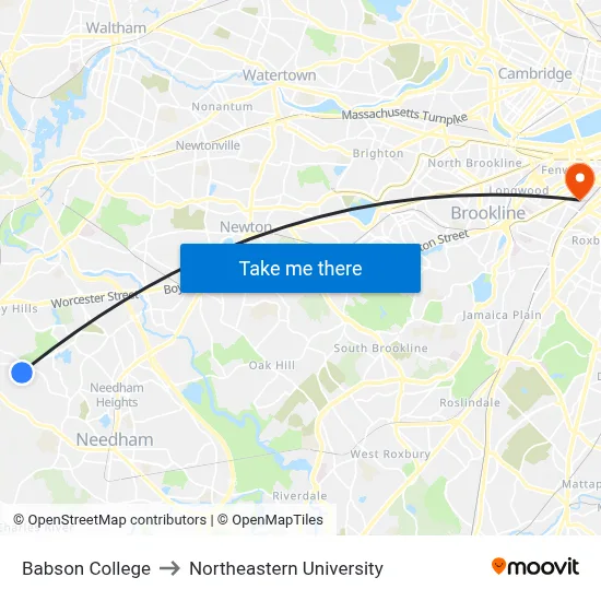 Babson College to Northeastern University map