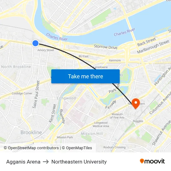 Agganis Arena to Northeastern University map
