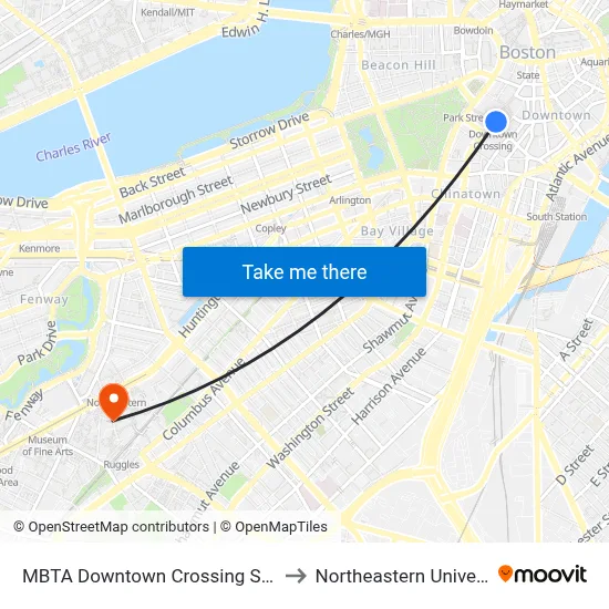 MBTA Downtown Crossing Station to Northeastern University map