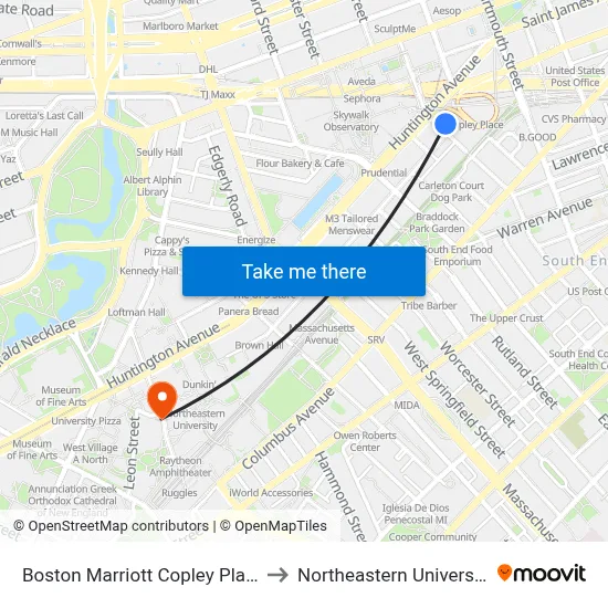 Boston Marriott Copley Place to Northeastern University map