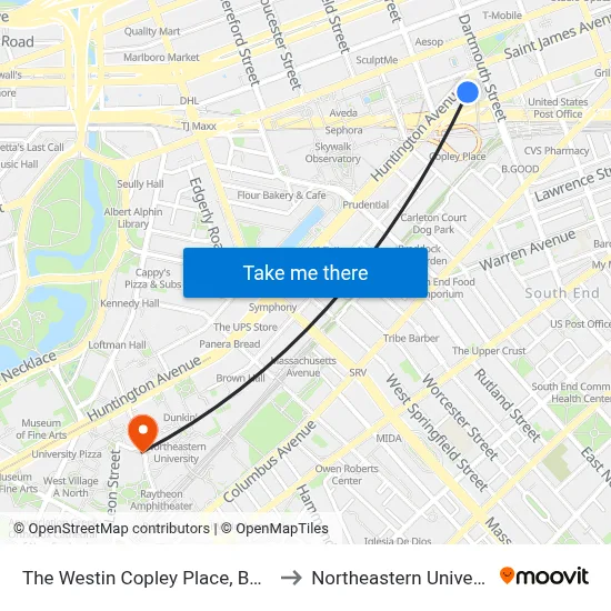 The Westin Copley Place, Boston to Northeastern University map