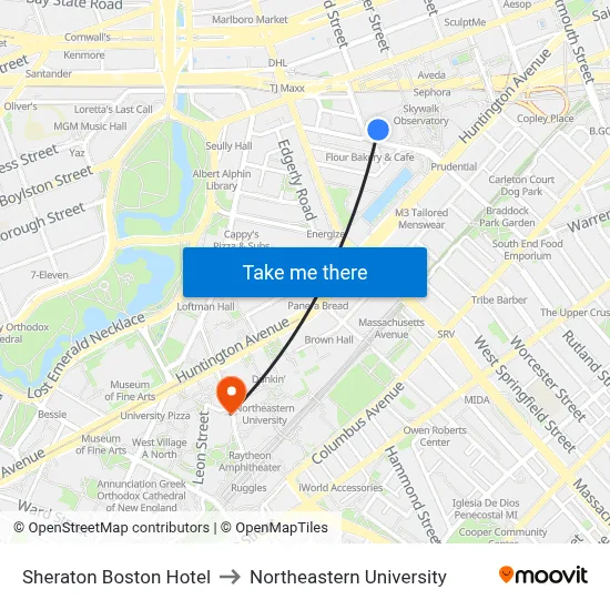 Sheraton Boston Hotel to Northeastern University map