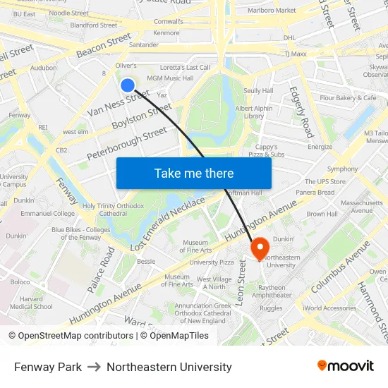 Fenway Park to Northeastern University map