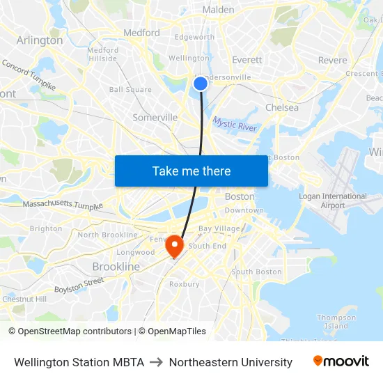 Wellington Station MBTA to Northeastern University map
