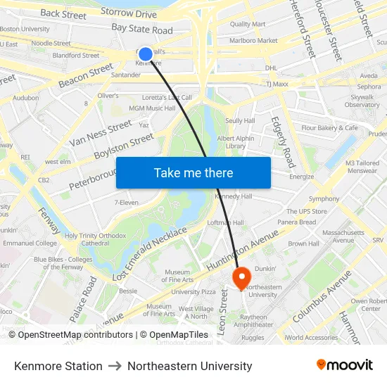 Kenmore Station to Northeastern University map
