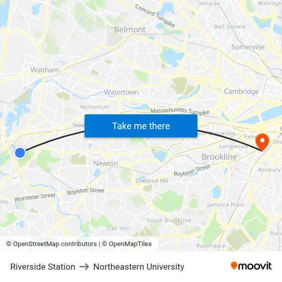 Riverside Station to Northeastern University map