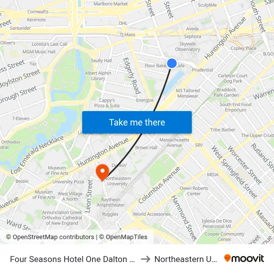 Four Seasons Hotel One Dalton Street Boston to Northeastern University map
