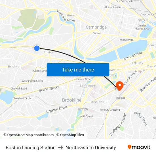 Boston Landing Station to Northeastern University map