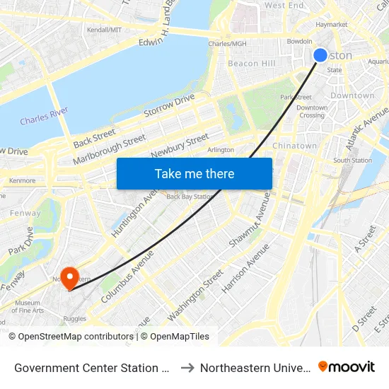 Government Center Station MBTA to Northeastern University map