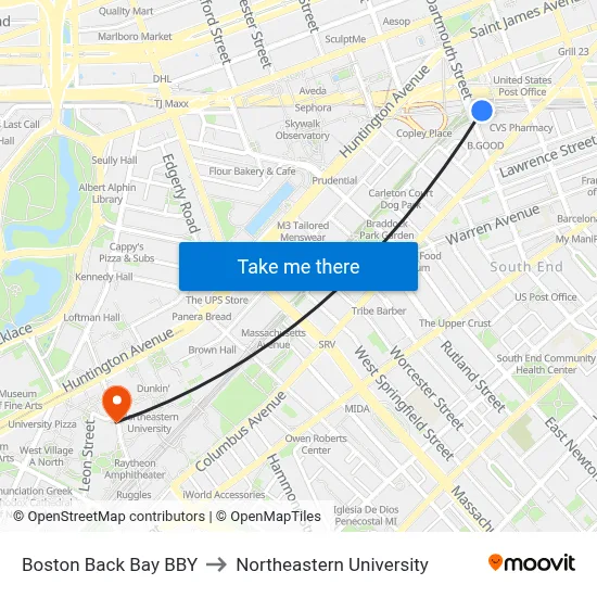 Boston Back Bay BBY to Northeastern University map