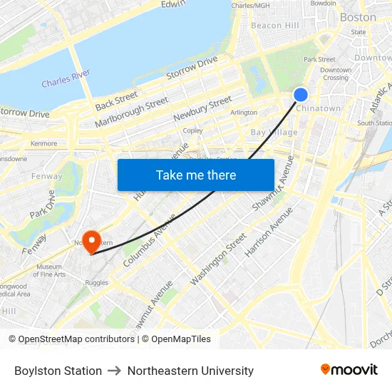 Boylston Station to Northeastern University map