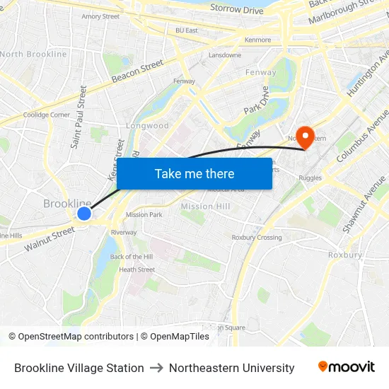 Brookline Village Station to Northeastern University map