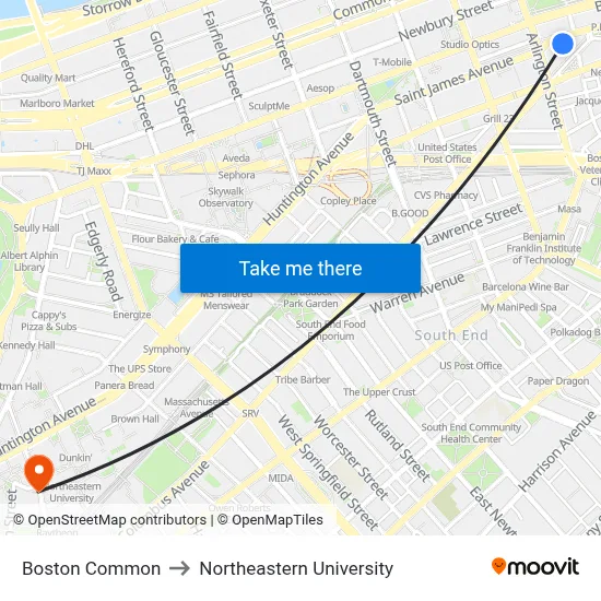 Boston Common to Northeastern University map