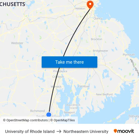 University of Rhode Island to Northeastern University map