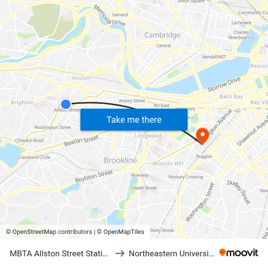 MBTA Allston Street Station to Northeastern University map