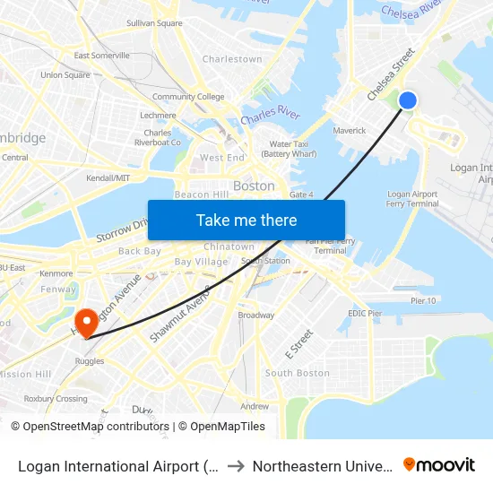 Logan International Airport (BOS) to Northeastern University map