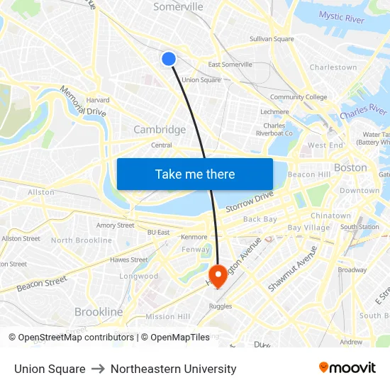 Union Square to Northeastern University map