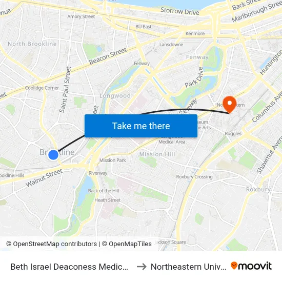 Beth Israel Deaconess Medical Center to Northeastern University map