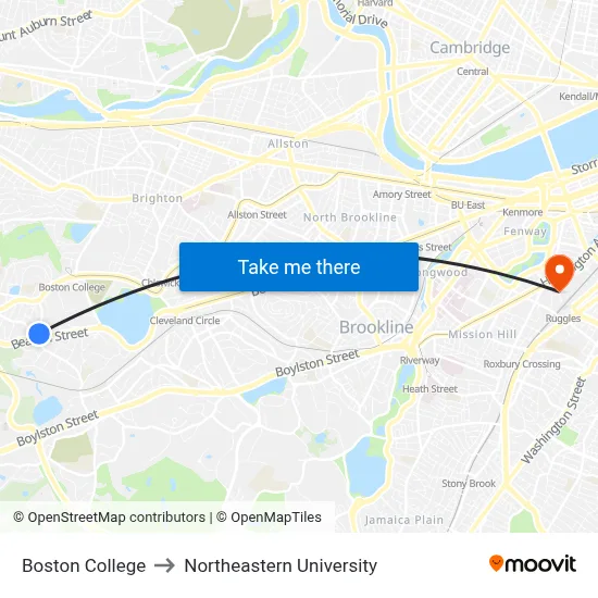 Boston College to Northeastern University map