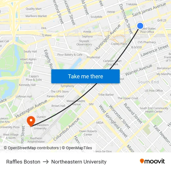 Raffles Boston to Northeastern University map