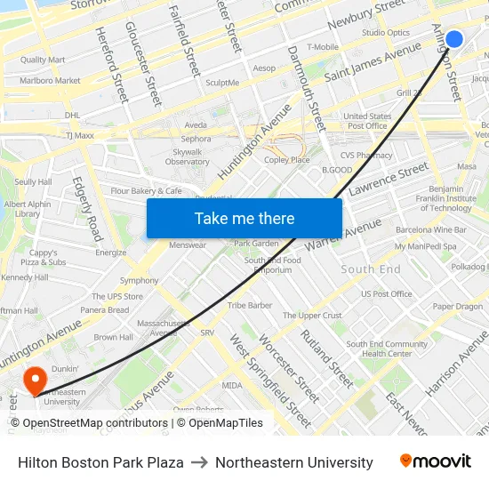 Hilton Boston Park Plaza to Northeastern University map