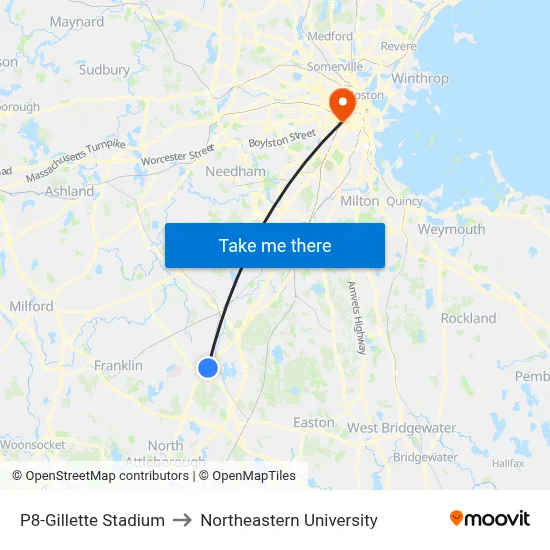 P8-Gillette Stadium to Northeastern University map