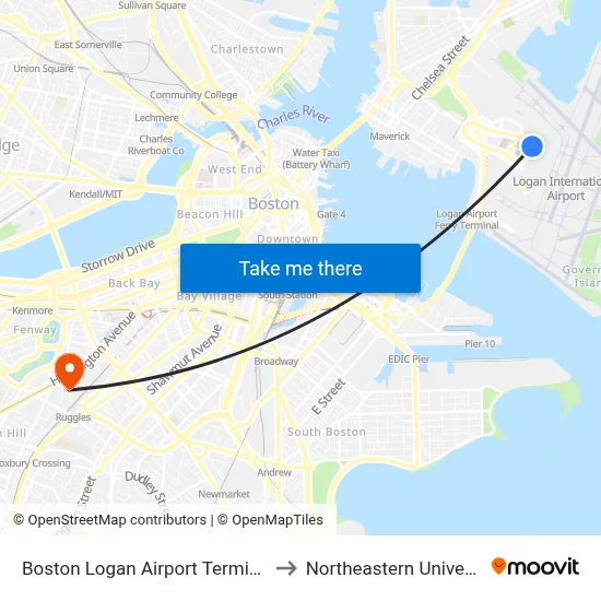 Boston Logan Airport Terminal C to Northeastern University map