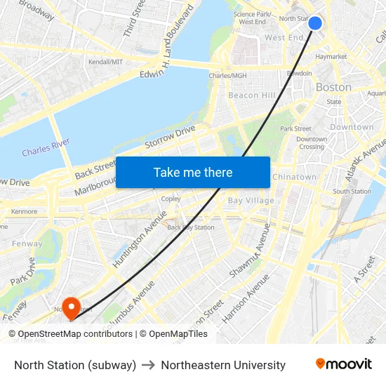 North Station (subway) to Northeastern University map