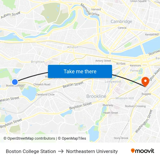 Boston College Station to Northeastern University map