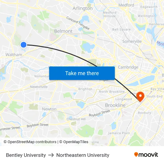 Bentley University to Northeastern University map